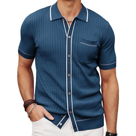Men's Royal Blue Short Sleeve Knit Polon Vintage Button Down T-Shirts - Picture 1 of 6